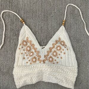 Embroidered Cream and Tan Women's Tank top